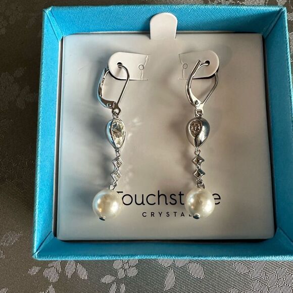 Touchstone Crystal Jewelry - Touchstone crystal by Swarovski dangle pearl earrings silver